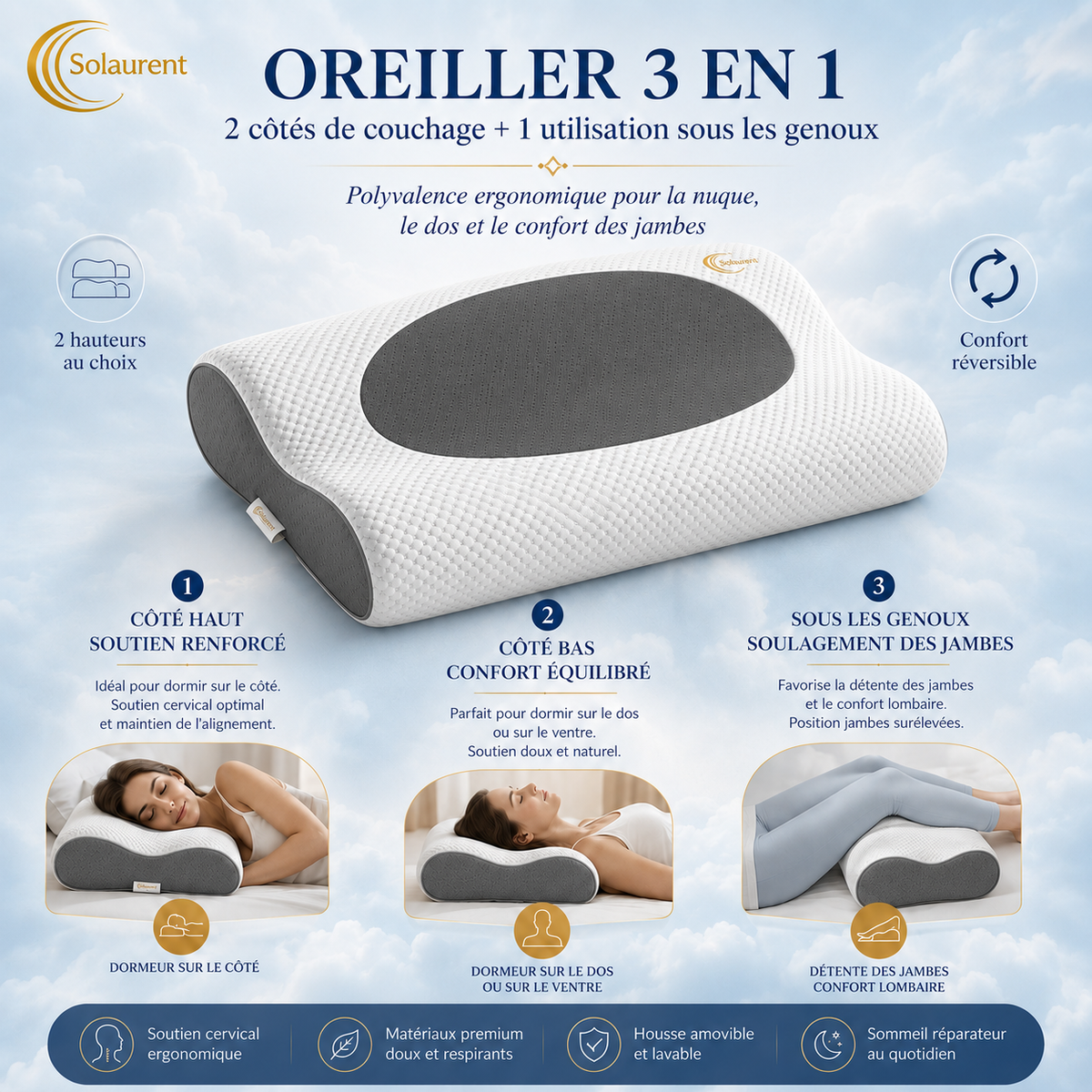 Wavéalux gris - Oreiller Ergonomique Cervical
