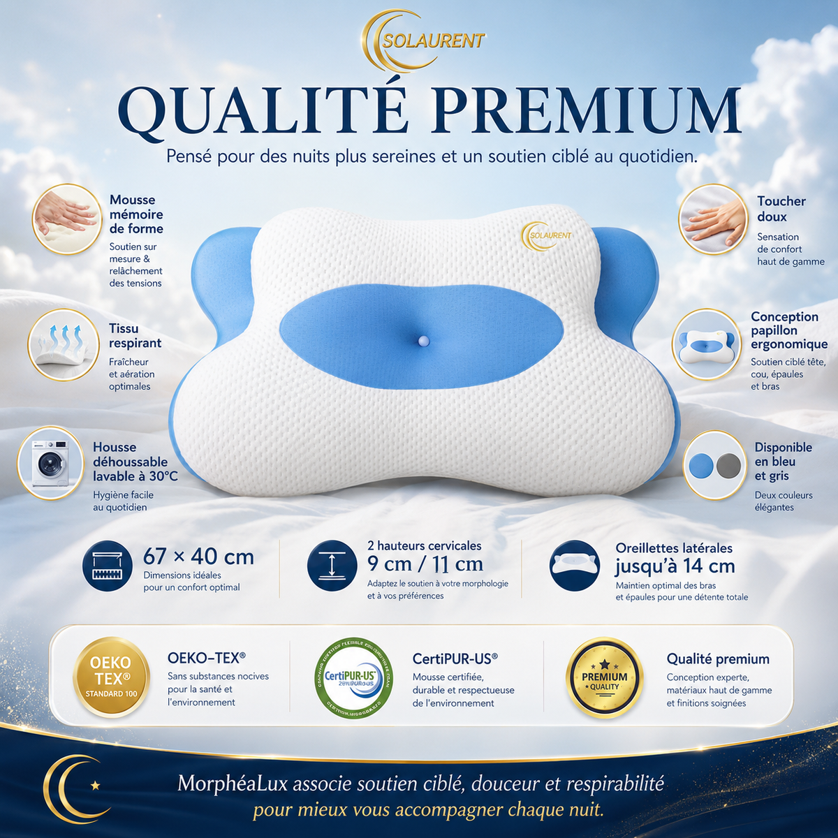 Morphéalux Bleu - Oreiller Ergonomique Cervical