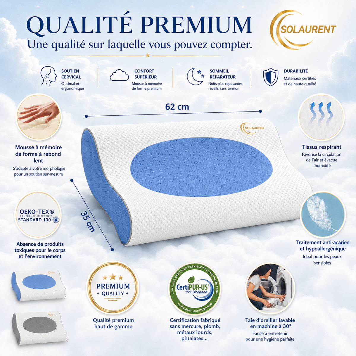 Wavéalux Bleu - Oreiller Ergonomique Cervical